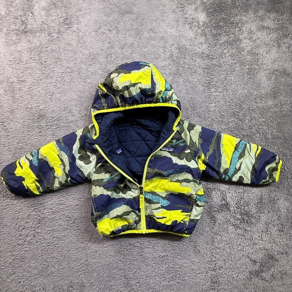 Patagonia Other - Patagonia Reversible Puff Ball Jacket 2T Navy Camo Yellow Quilted Hooded Zip